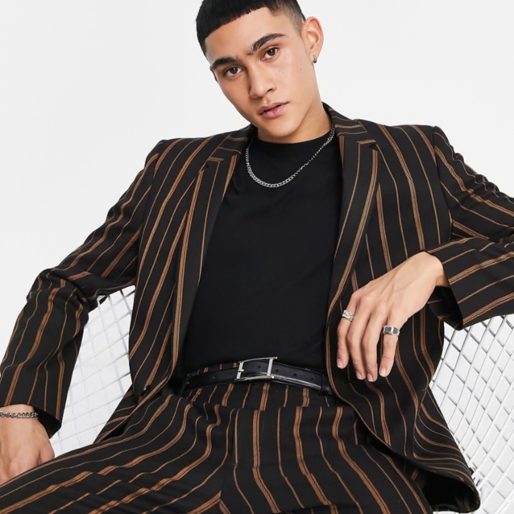 ASOS DESIGN skinny suit jacket in tobbaco stripe